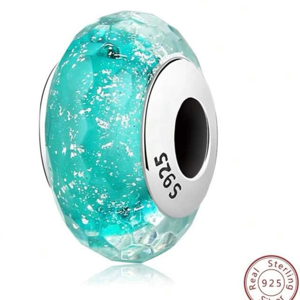 Aqua Sterling Silver Bead Charm for Pandora Bracelet